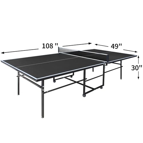 IUNNDS Portable Table Tennis Table 6/8/8.5/9FT Foldable Ping Pong Game Set for Indoor with Net and Post Set, 2 Paddles and 3 Balls - color: Black-9x4.1FT