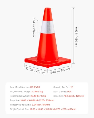 VEVOR 12Pack 18" Traffic Cones, Safety Road Parking Cones PVC Base, Orange Traffic Cone with Reflective Collars, Hazard Construction Cones for Home Traffic Parking - size: 18"(12Cones)
