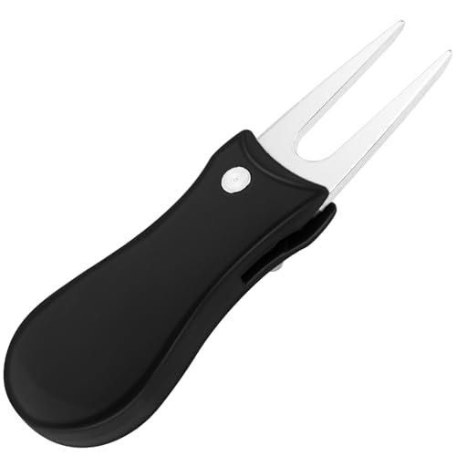 Foldable Golf Divot Tool, 2 Pack Stainless Steel Repair Tool with Pop-up Button and Magnetic Ball Marker for Men Women Golfer (Black)