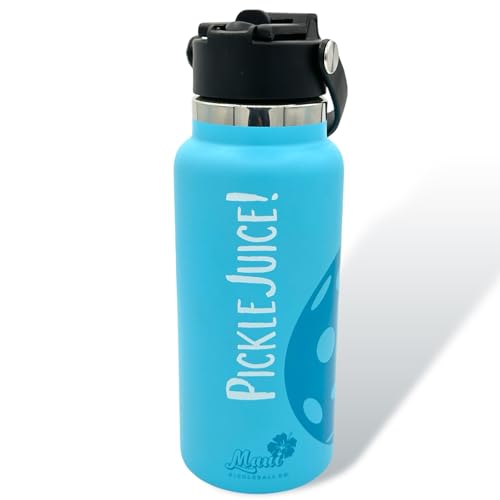 Maui Pickleball Co.™ Pickleball Water Bottle 32oz Best Pickleball Accessories Insulated Stainless Steel Water Bottle Funny PickleBall Gift Unique Sip/Straw Lid and Carry Handle - color: North Shore Blue
