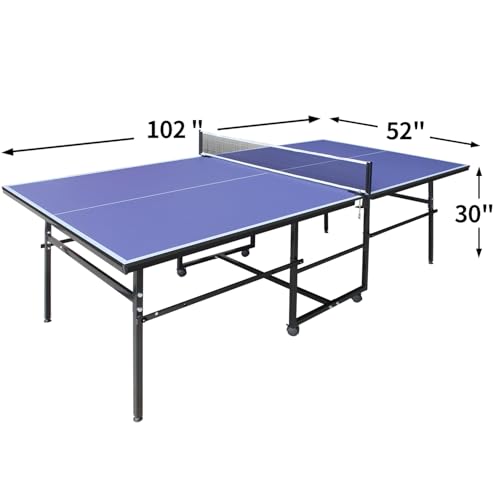 IUNNDS Portable Table Tennis Table 6/8/8.5/9FT Foldable Ping Pong Game Set for Indoor with Net and Post Set, 2 Paddles and 3 Balls - color: Blue-8.5FT