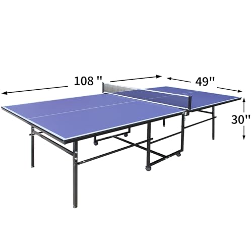 IUNNDS Portable Table Tennis Table 6/8/8.5/9FT Foldable Ping Pong Game Set for Indoor with Net and Post Set, 2 Paddles and 3 Balls - color: Blue-9x4.1FT