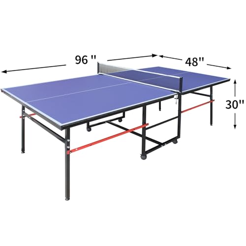 Professional Table Tennis Table, Foldable Ping Pong Game Set for Indoor, 8FT 9FT Single Player Playback Mode Ping Pong Table with Net and Post Set, 2 Paddles and 3 Balls (Blue-8FT)