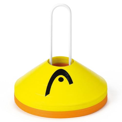 HEAD Dome Cones Training Markers – Pack of 20 Agility & Footwork Training Cones for Tennis, Soccer, Fitness & Sports Drills – Durable Flexible Disc Cones with Carry Rack – Yellow/Orange