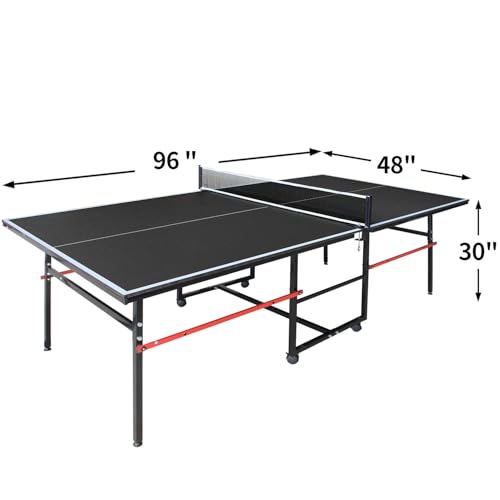 Professional Table Tennis Table, Foldable Ping Pong Game Set for Indoor, 8FT 9FT Single Player Playback Mode Ping Pong Table with Net and Post Set, 2 Paddles and 3 Balls (Black-8x4FT)