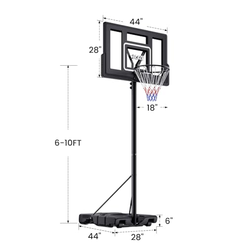 Portable Basketball Hoop 44” Backboard, 6–10FT Adjustable Outdoor Basketball Goal with Stable Fillable Base & Wheels, Shatterproof System for Kids, Teens & Adults - color: Black
