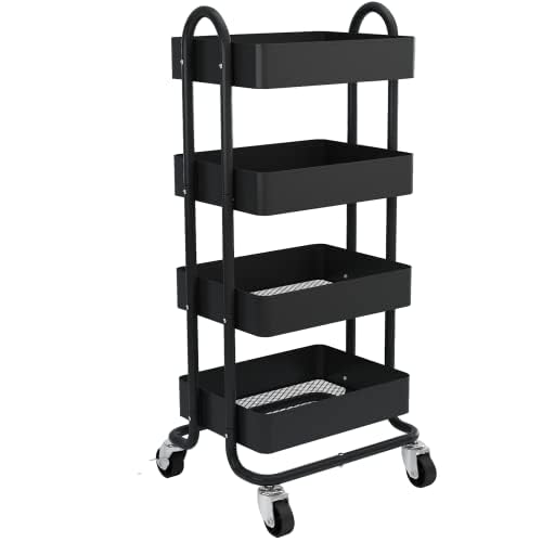 4-Tier Metal Rolling Cart with Wheels,4 Tier Utility Cart with Wheels for Office,Home,Kitchen,Garden๏ผ13.4"x18.1"x40"๏ผ Black - color: Black, size: 40"H