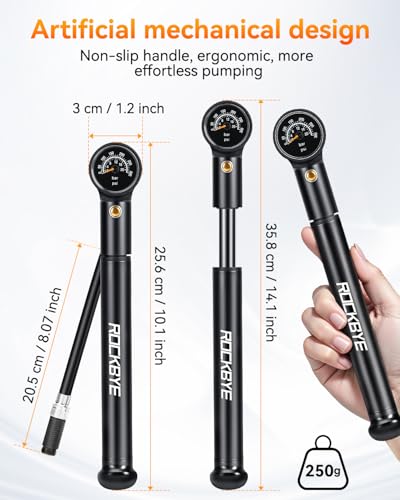 Onvian Portable Bike Pump with Gauge, 300 PSI High Pressure Bicycle Tire Pump & Shock Pump, Mini Hand Pump for Presta and Schrader Valve, Front Fork Rear Suspension, Air Bleed Button