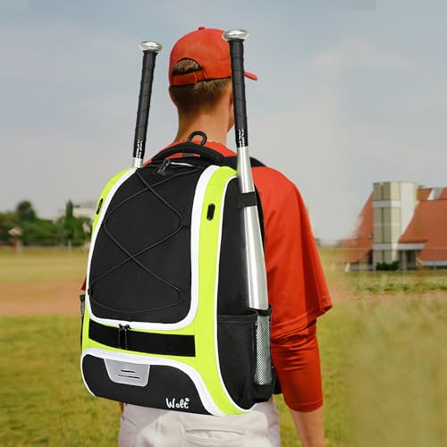 WOLT Youth Baseball Bag - Bat Backpack for Baseball, T-Ball & Softball Equipment & Gear, Bat & Glove Holder, Large Main Compartment for Helmet & accessories, Separate Shoes Compartment, Fence Hook - color: Green