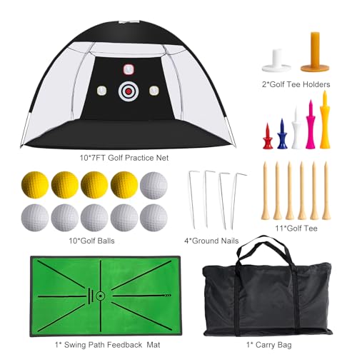 Golf Net, 10 x 7ft Backyard Practice net, Golf Hitting,Driving Net with mat for Indoor/Outdoor - style: Triangle Target with New Mat