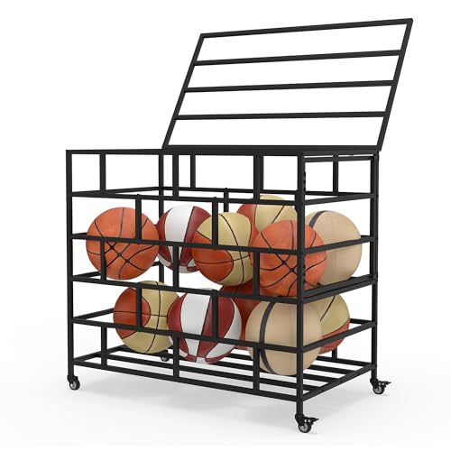 Ball Storage Cart, Lockable Rolling Basketball Storage Bin & Organizer with Wheels, Secure Sports Exercise Ball Cart Holder for Gym, School, Club, Indoor Outdoor Use