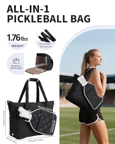 ESTARER Pickleball Tote Bag for Women with Shoe Compartment Large Pickleball Paddle Storage & Fence Hook - color: Black
