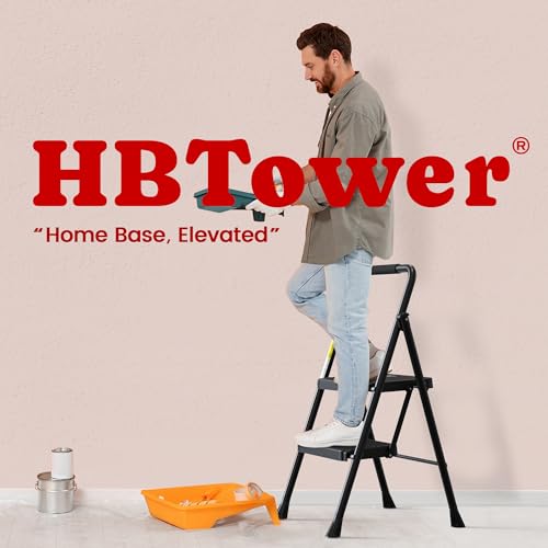 HBTower Step Ladder, Folding Step Stool with Wide Anti-Slip Pedal, Sturdy Steel Ladder, Convenient Handrail, Lightweight, Portable Steel Step Stool - color: Black, size: 2 Step Ladder