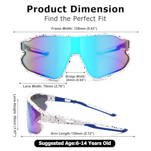 Kids Baseball Sunglasses - Youth Baseball Sunglasses for Boys Girls - Sports Softball Shades Age 6-14 - color: B1 White / Blue Mirror