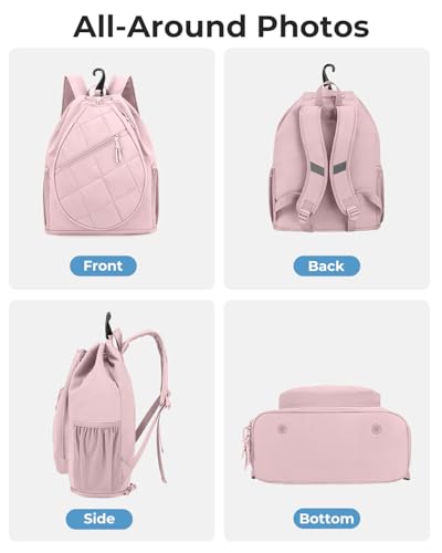Drawstring Tennis Backpack, Puffer Tennis Racket Bag with Shoe Compartment & Wet Pocket Gym Bag for Women, Suitable for Pickleball Tennis Badminton - color: Pink