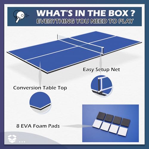 Ping Pong Table Top, 8FT Foldable Table Tennis Table Topper for Pool Table, Indoor Outdoor Table Tennis Conversion Top for Billiard Table w/Net & Foam Padding, Easy Conversion (8ft-Blue)