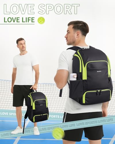 sportsnew Pickleball Bag Large Sports Pickleball Backpack with Shoe Compartment for Men Women, Patent Pending - color: Black-Fluo Zip