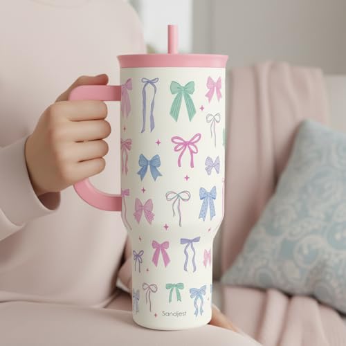 SANDJEST Bow 40oz Tumbler With Handle and Straw, Insulated Stainless Steel Travel Coffee Mug for Women Girls Bow Lovers, Gift Idea for Birthday Christmas Mothers Day - color: Bow 1
