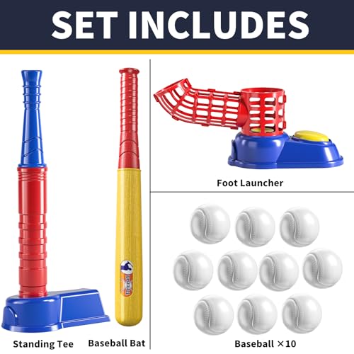 TEMI 2 in 1 Tee Ball Set for Kids 3-8, Kids Baseball T-Ball Set with 10 Balls, Step on Pitching Machine, Batting Tee, Outdoor Sport Toy Games for 3-12 Year Old Boys Girls Toddler