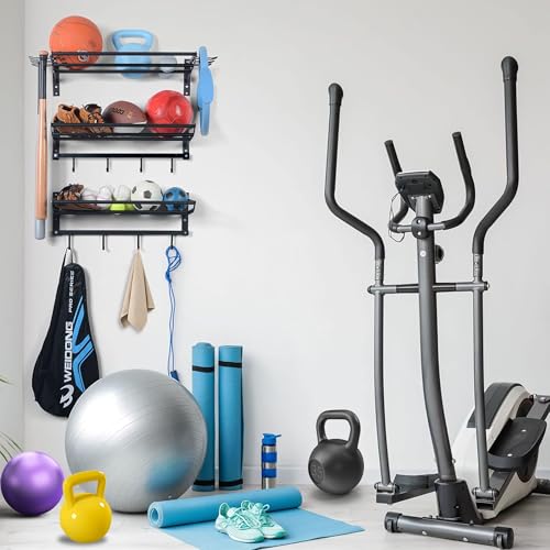 Garage Sports Equipment Organizer Wall Mount - 3 Shelves Ball Rack Organizer and 4 S-Hooks for Easy Installation and Storage of Balls in Garages or Gyms Matte Black
