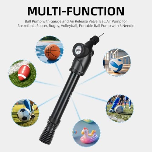 Tigrisk® Ball Pump with Pressure Gauge, Hand Air Inflation Pump with Needles and Nozzles for Basketball, Football, Soccer Ball, Volleyball and Other Inflatable Balls