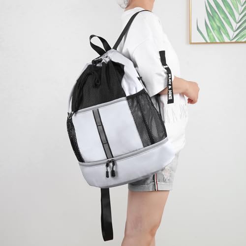 Valleycomfy Drawstring Gym Bag Sports Backpack With Shoe Compartment and Reflective Strips White - color: White