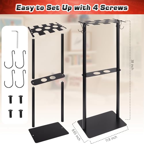Baseball Bat Holder Stand, Free Standing Bat Rack for 8 Bats & 5 Balls, No Drill Softball Bat Organizer with 4 Hooks for Gloves, Sturdy Metal Display Stand for Home Team Dugout, Black