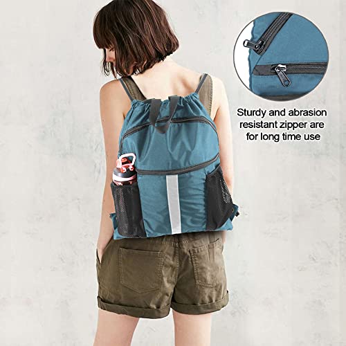 BeeGreen Drawstring Backpack Bag with Shoe Compartment, X-Large Black Gym Sports String Cinch Backpack - color: Haze Blue