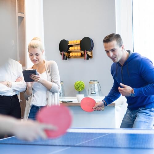 Ping Pong Paddle Holder, Wooden Ping Pong Paddle Holder Wall Mount Storage Rack Wall Mounted Wood Table Tennis Rack Holds 6 Paddles and 12 Balls