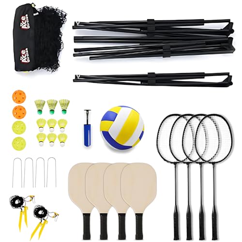 Complete Badminton Sets (10FT/17FT) Adjustable Width, Adjustable Height (2.8/5.1/7.4FT), Badminton Pickleball Volleyball Set with Net, 4Racket+4Paddels+Volleyball for Outdoor Family Game.