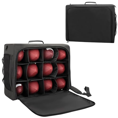 Football Bag Holds 12 Official-Size Footballs, 12-Compartment Ball Carrier with Dividers, Top-Open Organizer Case with Shoulder Strap, Football Team Gear Storage for Practice & Game Day, Bag Only