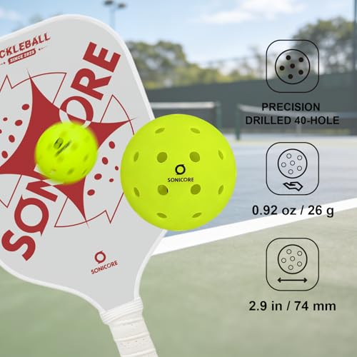 SONICORE Premium Outdoor Pickleball Balls, 4/12 Pack, Extreme Durability, One-Piece Mold, Tournament-Ready Level, 40-Hole Precision Drilled, Crack-Resistant, Seamless - size: 4 Count