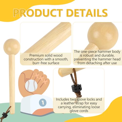 Baseball Glove Break-in Kit, 6-Piece Set with 1 Wooden Solid Construction Glove Mallet, 2 Elastic Wraps, 2 Locks, 1 Plastic Practice Ball - Baseball Hammer for Adult & Youth Glove Break-in and Shaping - size: Only Baseball Glove Mallet