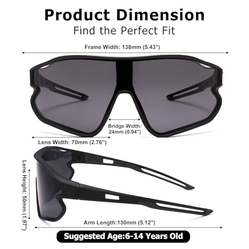 Kids Baseball Sunglasses - Youth Baseball Sunglasses for Boys Girls - Sports Softball Shades Age 6-14 - color: B6 Black / Grey