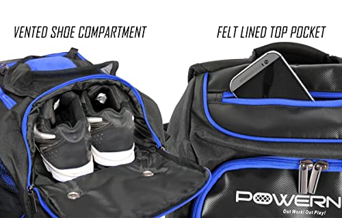 PowerNet Baseball Softball Backpack, Choose from 3 Colors Red Black Blue, Padded Helmet Carrier, Dual Bat Sleeves, Vented Cleat Compartment, Fence Hook, Hook and Loop Batting Glove Area - color: Blue