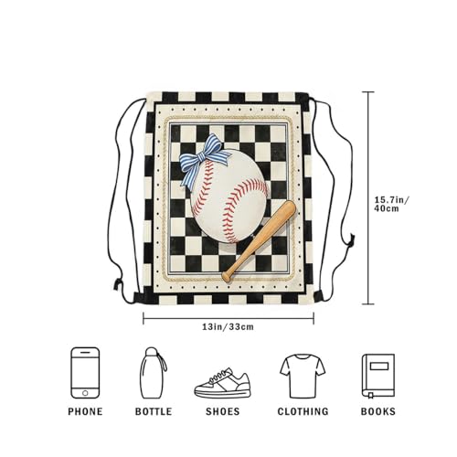 Castle Fairy Baseball Bow Drawstring Backpack Gym Bag,Black White Checkered Cinch Bag,Sports Gaming Foldable Draw String Back Bags Sports Bags,Black Beige - color: Black Beige