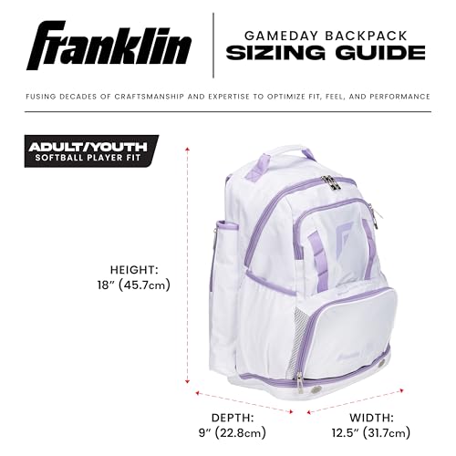 Franklin Sports USA SB Gameday Fastpitch-Softball Backpack – Adult +Youth Softball + Baseball Equipment + Bat Bag – Stores Batting Gloves, Helmet, Cleats - Waterproof Premium Batpack - color: White/Lilac