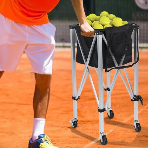 Foldable Tennis Ball Cart with Wheels & Removable Bag, Holds 160 Balls, Aluminum Portable Ball Hopper with Locking Brakes for Tennis Training, Coaching, Sports Practice
