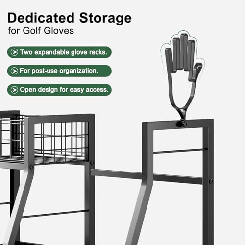 Golf Bag Storage Rack for Garage with Wheels, Holds 2 Golf Bags, Golf Club & Golf Accessories Organizer with Shelves, Accessory Baskets & Glove Holders