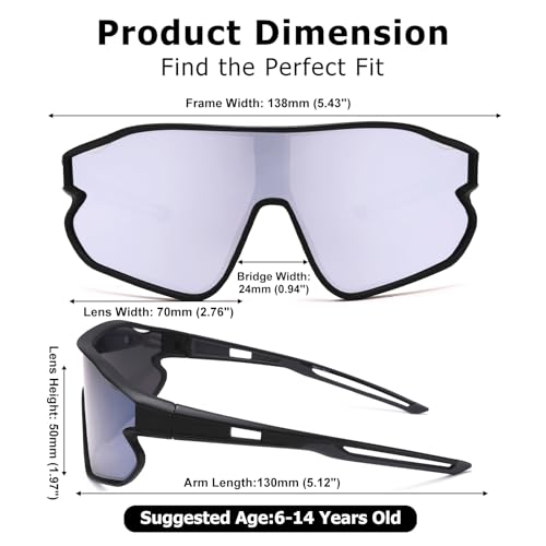 Kids Baseball Sunglasses - Youth Baseball Sunglasses for Boys Girls - Sports Softball Shades Age 6-14 - color: B4 Black / Silver Mirror