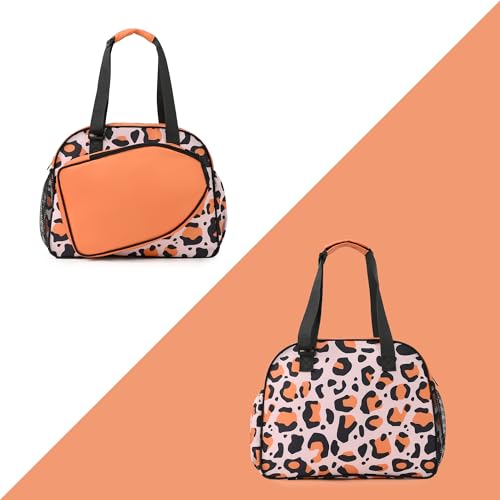 Boulder Bee Pickleball Bags, Premium Pickleball Tote Bag for Girls, Women’s Hand/Shoulder Gym Bag w Water Bottle Holder, with Pickleball Racquet/Paddle Holder - color: Leopard print-brown