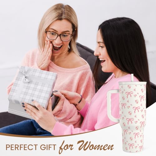 Bow Tumbler with Handle 40oz, Stainless Steel Insulated Tumblers Coffee Travel Cup with Slider Straw Lid, Gifts for Women Teen Girls Birthday - color: Bow