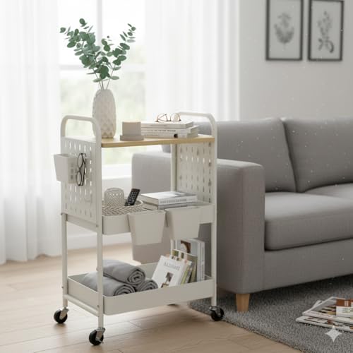 danpinera 3 Tier Rolling Cart with Wooden Table Top, White Rolling Utility Cart with DIY Pegboards & Locked Wheels, Easy Assembly for Nursery, Living Room, Studio - color: White, size: without drawer