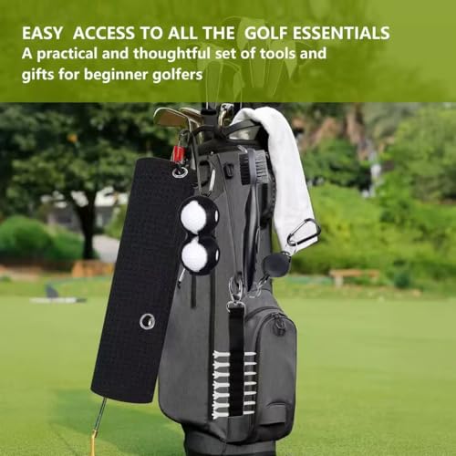 23P Golf Essentials Kit -Golf Green Fork, Golf Brush,Accessory Pack, Golf Towel, Golf Club Brush, Golf Ball Marker, Divot Repair Tool, Golf Ball & Golf Tee Holder,Golf Gifts for Men