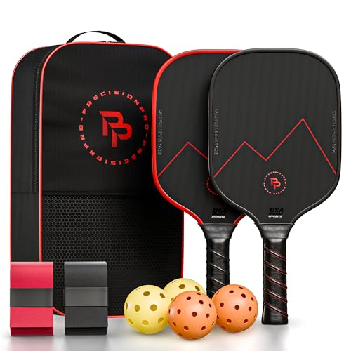 Precision Pro Carbon Fiber Pickleball Paddles Set of 2 — USAPA Approved, T700 Carbon, 14mm Honeycomb Core, 4 Indoor Outdoor Balls, Carry Bag, Pickleball Set for Beginners and Intermediate Players