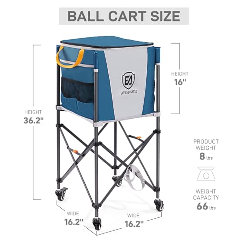 EVER ADVANCED 150 Tennis Capacity Ball Hopper Rolling Ball Cart with Side Pockets, 16.2 x 16.2in Folding Pickleball Basket with Wheels, Sports Equipment Organizer for Baseball Training/Practice, Blue