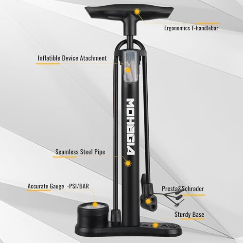 MOHEGIA Bike Floor Pump with Gauge: Air Bicycle Pump with High Pressure 160 PSI,Fits Schrader and Presta Valve -Inflator with Ball Pump Needles for MTB Road Bike, Ball, Balloon, Inflatables - color: black