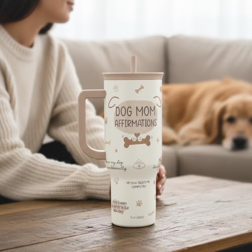 SANDJEST Dog Mom 40oz Tumbler With Handle and Straw, Dog Mom Affirmation Insulated Stainless Steel Travel Coffee Mug for Women Girls Pet Lovers, Gift Idea for Birthday Christmas Mothers Day - color: Dog Mom