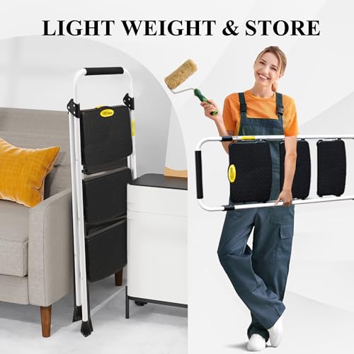 HBTower Step Ladder, Folding Step Stool with Wide Anti-Slip Pedal, Sturdy Steel Ladder, Convenient Handrail, Lightweight, Portable Steel Step Stool - color: White, size: 3 Step Ladder