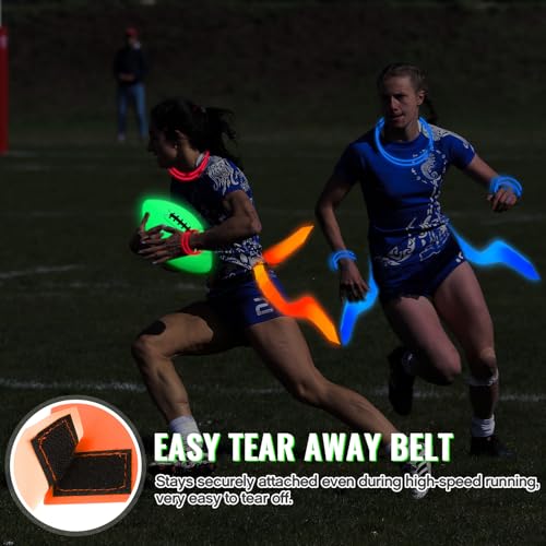 Hiboom 6 Pcs Glow in The Dark Flag Football Belts with UV Light Quick Charger Bag, Adjustable Belt Set for Playground Backyard Camping Yard Game Outdoor in The Dark Games Party Accessories